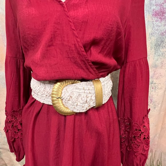 📌Flying Tomato  Dark Fuchsia Dress with Beautiful Lace Details & Wide Belt - Picture 4 of 16